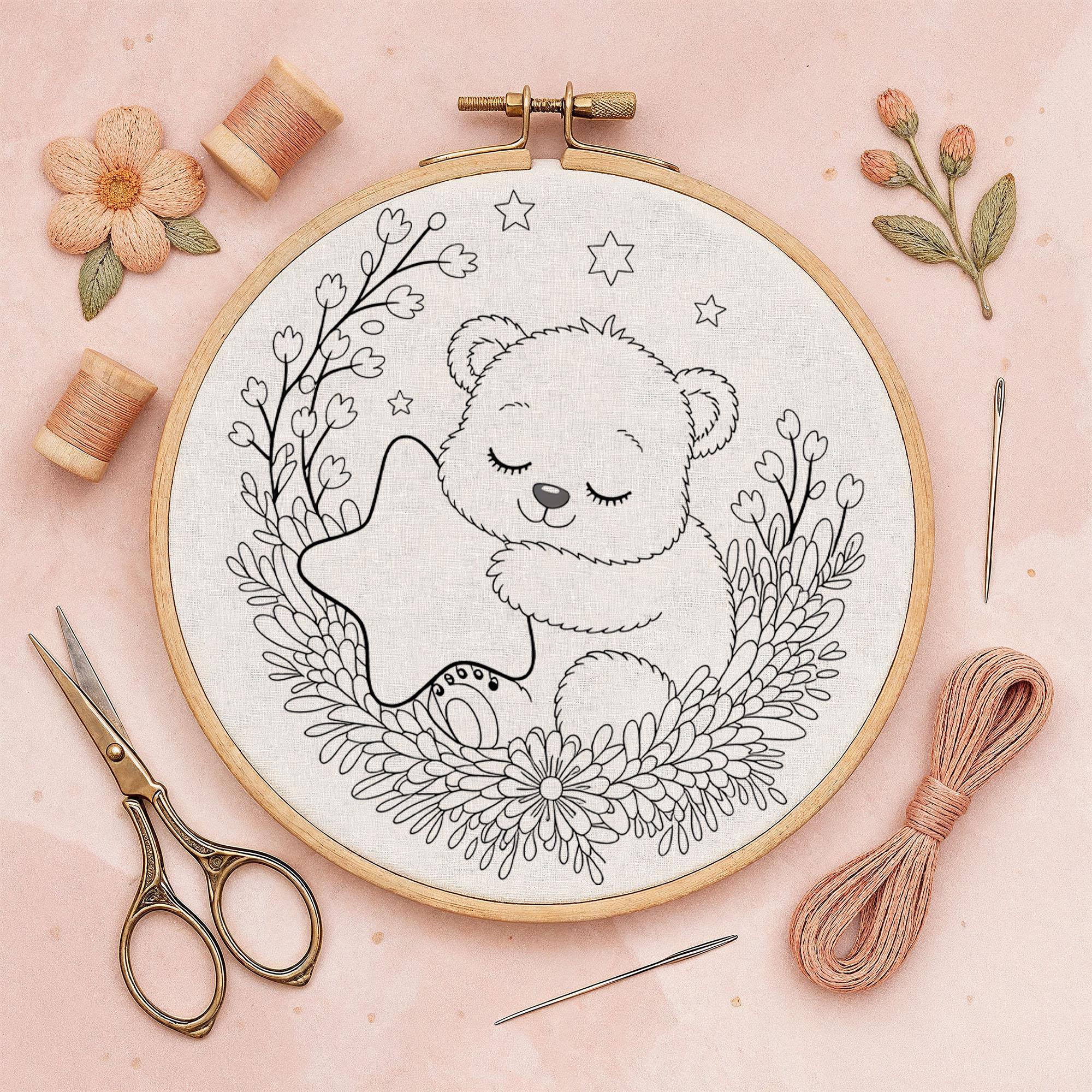 眠そうな可愛い赤ちゃんクマと花の刺繍パターン、眠そうなテディベアと