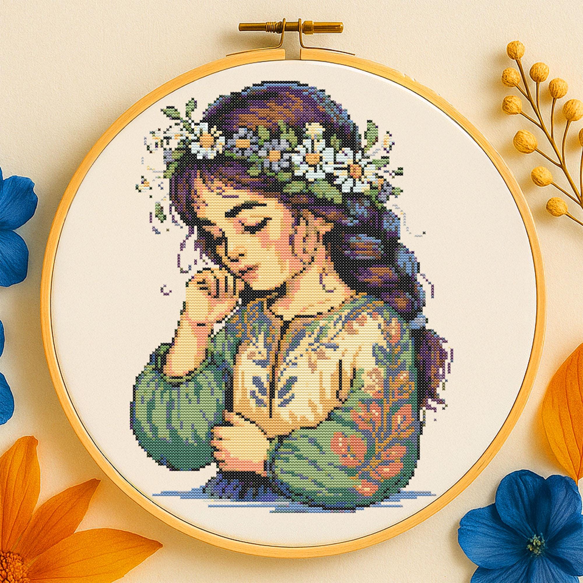 花柄のクロスステッチパターン 花の刺繍が施された思慮深い少女 野の花