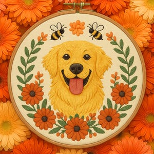 Floral Golden Retriever Hand Embroidery Pattern Happy Dog Flowers Embroidery Flower Golden Retriever Botanical Dog Template Beginner Pet
