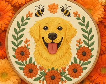 ゴールデンレトリバーの手刺繍パターン、犬のデザイン（PDF