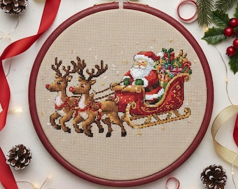 Christmas Santa and Reindeer Cross Stitch Pattern: Festive Sleigh Ride Holiday Embroidery PDF