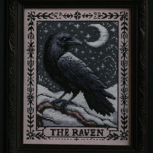 Op de afbeelding: Een ingelijst kruissteekkunstwerk met een zwarte raaf op een besneeuwde tak onder een sterrenhemel en een halve maan. De tekst "THE RAVEN" staat onderaan. Het kunstwerk is gevat in een zwarte, sierlijke lijst.