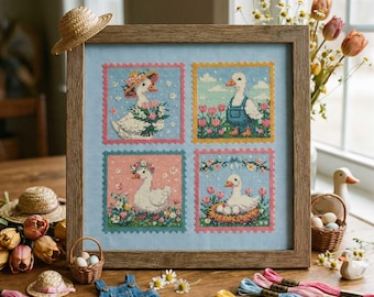 Farmhouse Goose Cross Stitch Pattern: Spring Postage Style Embroidery PDF