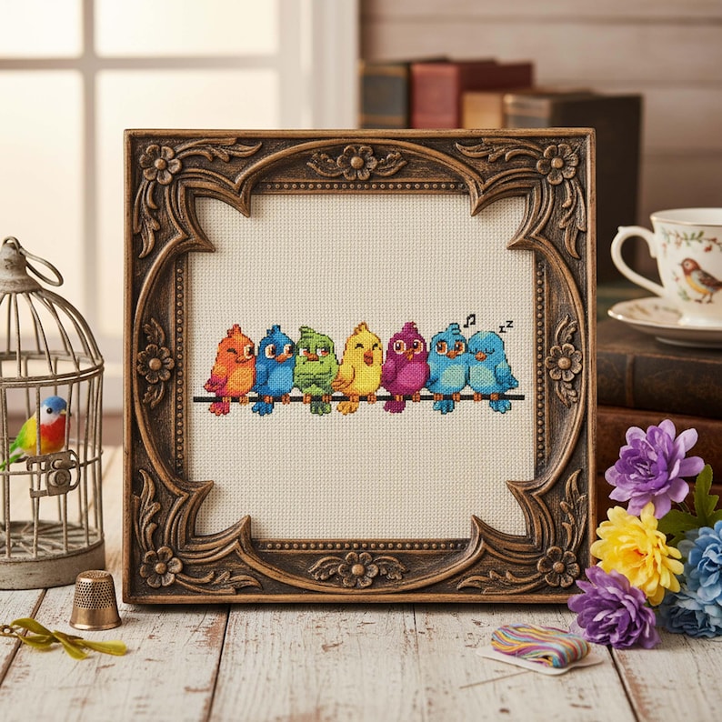 Finished Rainbow Birds Cross Stitch Pattern displayed in a hoop shows seven bright birds perched on a wire, each stitched in a different rainbow shade. Their playful personalities include singing, winking, and dozing off, making the design full of charm. The vibrant palette features oranges, yellows, blues, greens, and purples, balanced with backstitch outlines for clarity. This counted embroidery PDF pattern is perfect for stitchers who love cheerful and whimsical art, creating a handmade