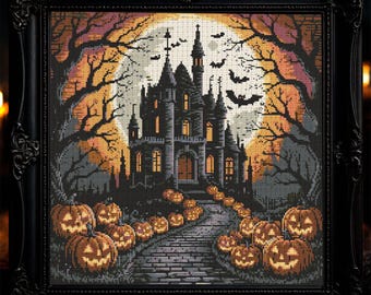 Haunted Castle Cross Stitch Pattern Halloween Gothic Haunted House Embroidery Spooky Castle Gothic Bats Pumpkins Halloween Cross Stitch PDF