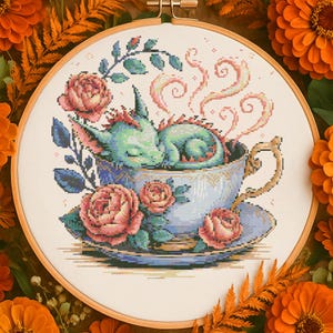 Baby Flowers Dragon in Tea Cup Cross Stitch Pattern Floral Dragon Embroidery Fantasy Dragon Roses Magic Cross Stitch PDF Fantasy Lovers