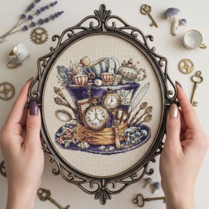 Könnte beinhalten: Ein oval gerahmtes Kreuzstichbild mit einer skurrilen Teeparty-Szene. Das Design umfasst Teetassen, eine Teekanne, Taschenuhren und Pilze, alles vor einem lila und goldenen Farbschema. Der Rahmen ist mit einem Bronzefinish verziert.
