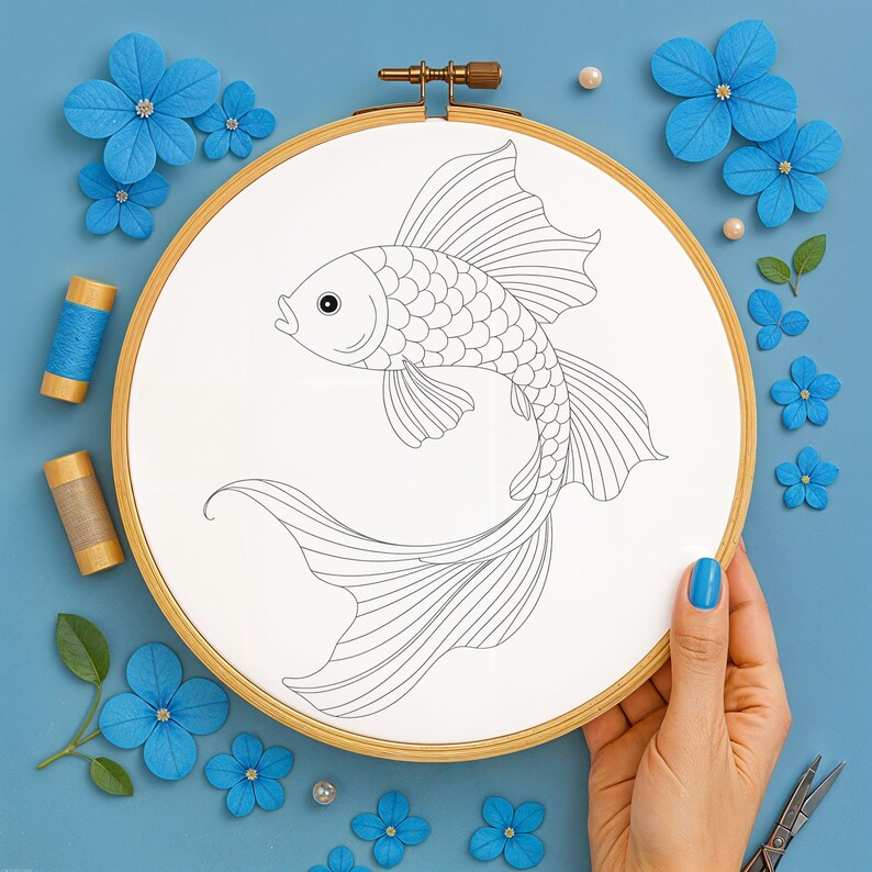 Simple Gold Fish Pattern Magical Goldfish Hand Embroidery Pattern Floral Graceful Fish ...