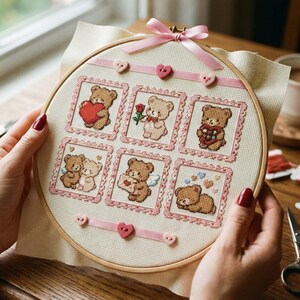 Op de afbeelding: Kruissteekborduurwerk met zes vierkanten met teddybeerontwerpen. Elke beer houdt een hart, roos of andere romantische items vast. De borduurwerk is omlijst in een houten hoepel met roze lint en hartvormige knopen.
