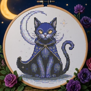 Celestial Witch Cat Cross Stitch Pattern Wizard Cat Halloween Embroidery Magical Cat Gothic Cozy Cottage For Fantasy Lovers Cross Stitch PDF