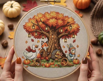 Autumn Woodland Animals Cross Stitch Pattern Harvest Tree Embroidery Fall Lanterns PDF Pattern
