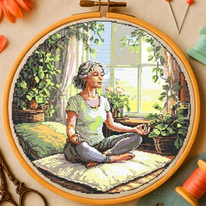 Peaceful Woman Meditating Cross Stitch Pattern Cozy Girl Yoga Room Embroidery Mindful Moment Cross Stitch Pattern For Beginner Yoga lover