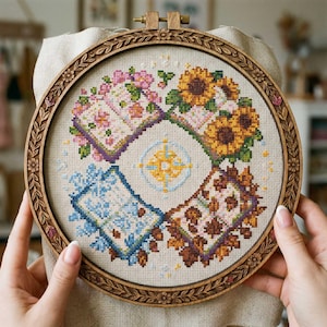 Puede incluir: Un bordado de punto de cruz terminado en un aro de madera. El diseño presenta cuatro cuadrantes con patrones florales y geométricos en rosa, amarillo, azul y marrón. El aro de madera tiene un borde floral decorativo.