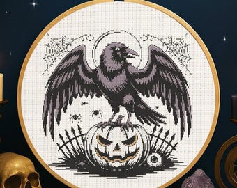 ゴシック レイヴン クロスステッチ パターン ハロウィン レイヴン カボチャ 刺繍 ファンタジー 神秘的な鳥 ゴシック ハロウィン クロスステッチ PDF 恋人向け