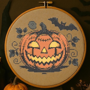 Spooky Pumpkin Cross Stitch Pattern Halloween Glowing Pumpkin Face Embroidery Spooky Horror Gothic Pumpkin Cottage Halloween Cross Stitch