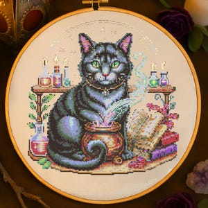 Witchy Cat Alchemist Cross Stitch Pattern Gothic Wizard Cat Halloween Embroidery Magical Witch Animal For Fantasy Lovers Cross Stitch PDF