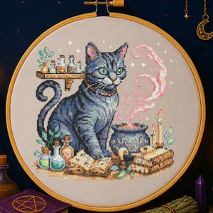Spellbook Cat Cross Stitch Pattern Gothic Witch Cat Halloween Embroidery Magical Wizard Witch Animal For Fantasy Lovers Cross Stitch PDF