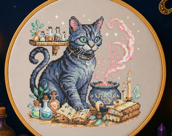 Spellbook Cat Cross Stitch Pattern Gothic Witch Cat Halloween Embroidery Magical Wizard Witch Animal For Fantasy Lovers Cross Stitch PDF