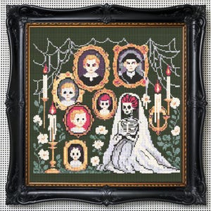 Victorian Skeleton Bride Cross Stitch Pattern Gothic Haunted Family Portrait Embroidery Candles Cobwebs Spooky Halloween Cross Stitch PDF