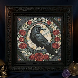 Gothic Glass Raven Roses Cross Stitch Pattern Cozy Fantasy Raven Embroidery Victorian Stained Glass Flower Bird Halloween Cross Stitch PDF