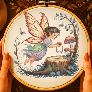 Woodland Fairy Cross Stitch Pattern Flying Fairy Girl with Lantern and Mushrooms Embroidery Magical Fantasy Forest Nature  Cross Stitch PDF