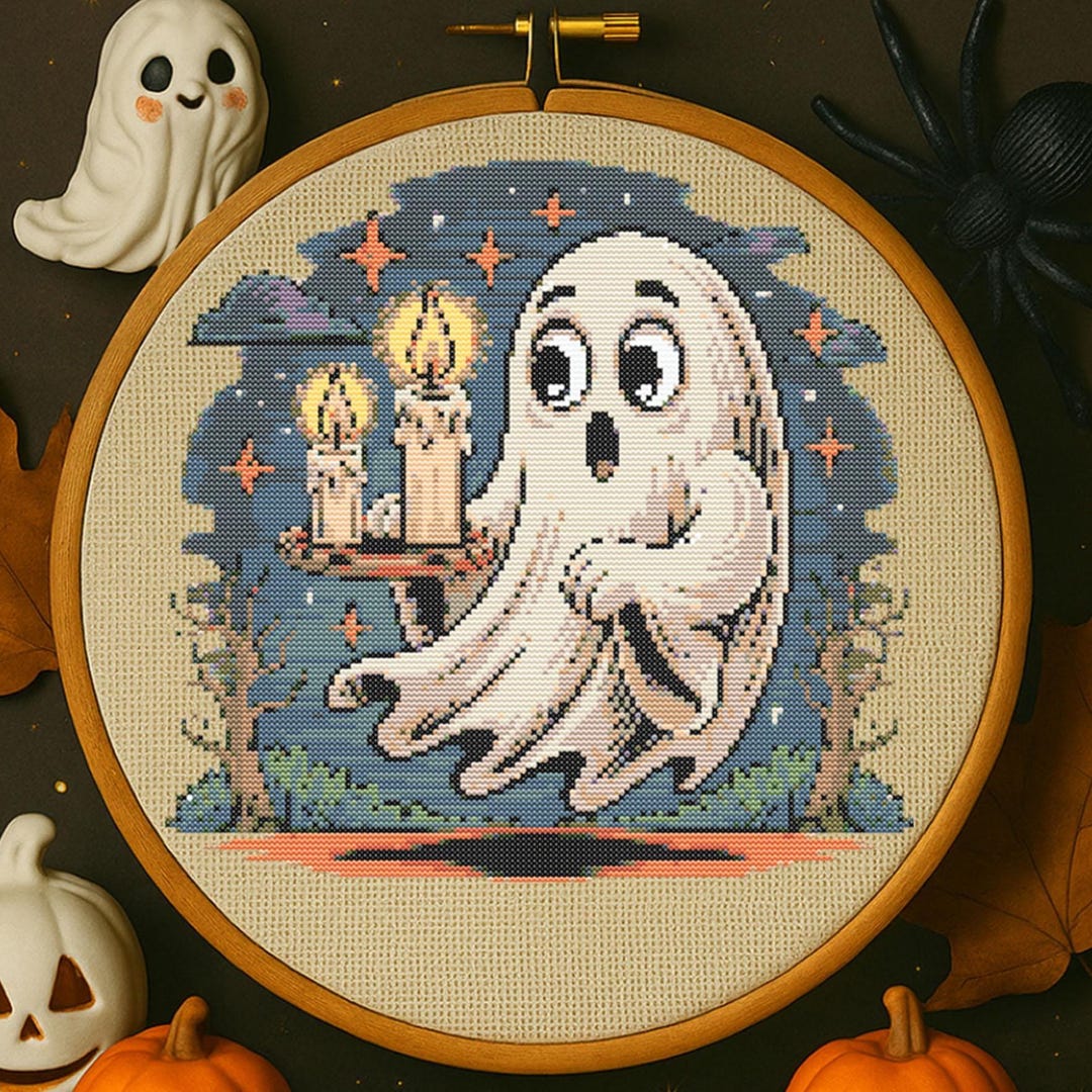 Host With Candles Cross Stitch Pattern Halloween Cute Ghost Candle ...