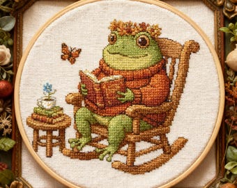 Cozy Frog Reading Cross Stitch Pattern: Autumn Embroidery Frog in Sweater with Books Pattern PDF