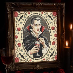 Gothic Vampire Cross Stitch Pattern Dark Fantasy Dracula Portrait with Roses Embroidery Halloween Horror Spooky Cross Stitch PDF Beginner