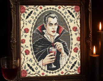 Patrón de punto de cruz de vampiro gótico, fantasía oscura, retrato de Drácula con rosas, bordado de Halloween, horror, espeluznante, punto de cruz PDF para principiantes
