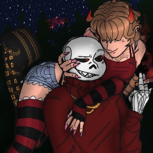 May include: Digital artwork depicting two figures in an embrace. One is a skeleton wearing a red sweater and a skull-like mask. The other figure has red horns, a red top, and tattoos. The background shows a dark night scene with stars and trees.