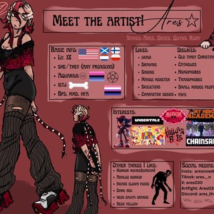 May include: Digital artwork presenting an artist's profile. The main illustration shows a character with red and white hair, dressed in black and red attire. The image includes text boxes detailing the artist's name, interests, and social media details.