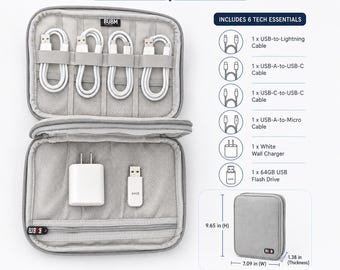 May include: A grey bifold organizer case containing four white cables, a white wall charger, and a 64GB USB flash drive. Text reads: STAY ORGANIZED. STAY POWERED. Everything has its place. INCLUDES 6 TECH ESSENTIALS. Dimensions are 9.65 in H by 7.09 in W by 1.38 in thickness.