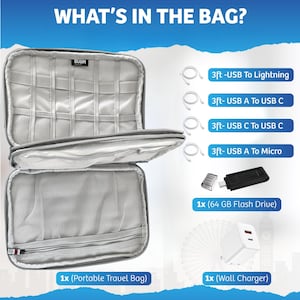 Tech Starter Pack | Organizer Bag with Cables & Charger | BUBM Travel Electronics Case with USB Accessories | Portable Gadget Storage Kit
