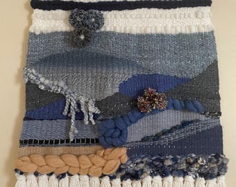 Large Blue Free-Form Wall Weaving