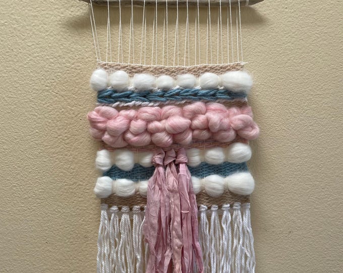 Small White, Pink and Blue Handmade Wall Weaving