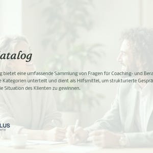 May include: A white and gray image with the text "Fragenkatalog" in black. The text below reads "Dieser Fragenkatalog bietet eine umfassende Sammlung von Fragen für Coaching- und Beratungssituationen. Er ist in verschiedene Kategorien unterteilt und dient als Hilfsmittel, um strukturierte Gespräche zu führen und tiefere Einblicke in die Situation des Klienten zu gewinnen." The text at the bottom reads "by POTENTIALPLUS YOUR HUB FOR GROWTH".