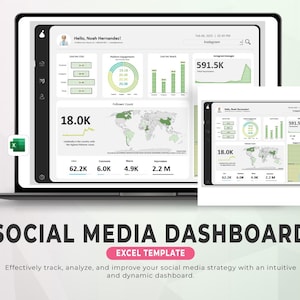 以下が含まれることがあります： ソーシャルメディアのダッシュボードテンプレートが、チャート、グラフ、データビジュアライゼーションと共に、ラップトップの画面に表示されています。このダッシュボードは、ユーザーがソーシャルメディア戦略を追跡、分析、改善するのに役立つように設計されています。画面の下部には、「SOCIAL MEDIA DASHBOARD」というテキストが大きく太字で表示されています。メインタイトルの下には、「EXCEL TEMPLATE」というテキストが小さく表示されています。テンプレートタイトルの下には、「Effectively track, analyze, and improve your social media strategy with an intuitive and dynamic dashboard.」というテキストが表示されています。