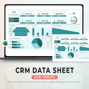 May include: A CRM datasheet Excel template with charts and graphs showing data about leads, sales, and monthly probability. The template is VBA-enabled and includes the text "CRM Datasheet" and "Excel Template".