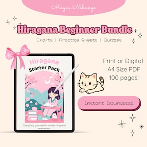 May include: A pink and white digital download product cover with a cartoon illustration of a girl sitting at a desk with a book. The text on the cover reads "Hiragana Starter Pack" and "Everything you need to master Hiragana!" The cover also includes a pink bow and a white cat illustration. The text "Print or Digital A4 Size PDF 100 pages!" is in the upper right corner. The text "Instant Download!" is in the lower right corner.