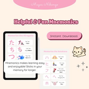 May include: A pink and white digital illustration with the text "Helpful & Fun Mnemonics" and "Memorize the Hiragana" and "Memorize the Katakana". The illustration shows a tablet with Japanese characters and mnemonics for learning Japanese.