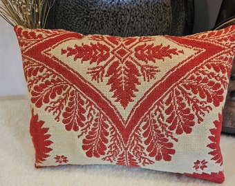 Red Ecru Antique Coverlet Long Pillow Farmhouse Decor Jacobean Paisley Fabric