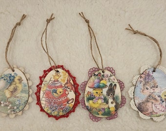 Vintage Lace Adorable Reversible Wooden Easter Egg Bunny Wooden Ornaments Set of 4 FREE SHIP
