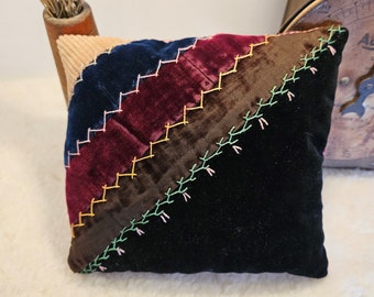 Antique Velvet Crazy Quilt Pillow Embroidery Homespun Back 4
