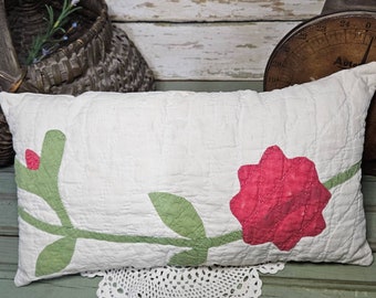 Antique Quilt Long Pillow Red Valentine Rose Bud Cotton Applique 7" x 13"