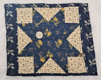 Antique Hand Quilted Early Blue Calico Cotton Star Quilt Piece