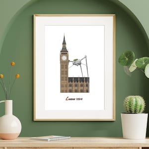 Peut inclure: Une impression encadrée d'une illustration en noir et blanc du Big Ben à Londres avec un vaisseau spatial extraterrestre à trois pieds qui plane au-dessus. Le texte "Londres 1954" est sous l'image.