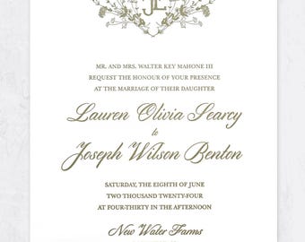 May include: A wedding invitation with a floral design and the text "MR. AND MRS. WALTER KEY MAHONE III REQUEST THE HONOUR OF YOUR PRESENCE AT THE MARRIAGE OF THEIR DAUGHTER Lauren Olivia Searcy to Joseph Wilson Benton SATURDAY, THE EIGHTH OF JUNE TWO THOUSAND TWENTY-FOUR AT FOUR-THIRTY IN THE AFTERNOON New Water Farms DADEVILLE, AL DINNER AND DANCING TO FOLLOW"