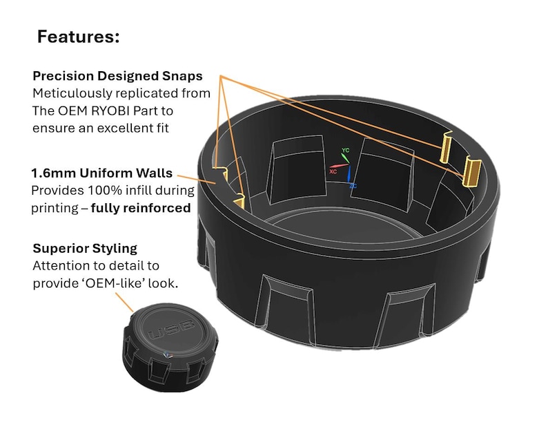 May include: Black 3D printed replacement part for a Ryobi tool. The part features precision designed snaps, 1.6mm uniform walls, and superior styling. The text "USD" is visible on the part.
