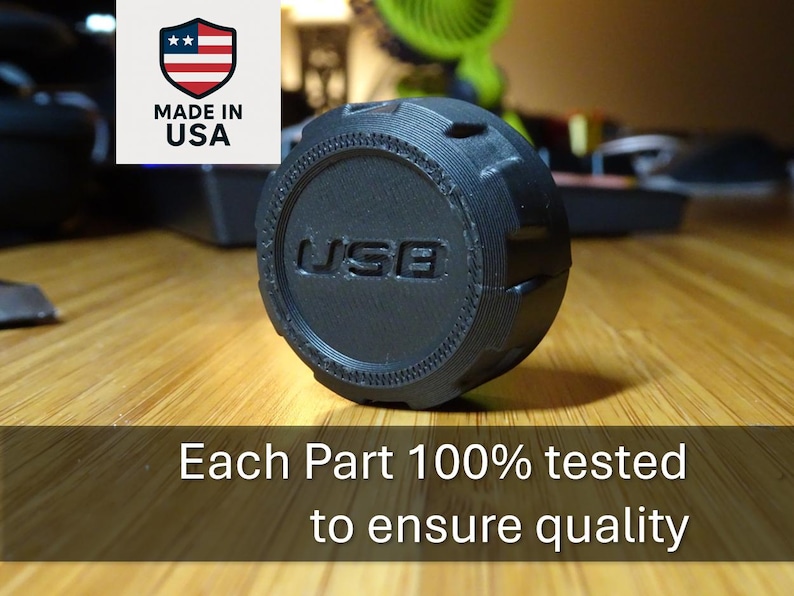 May include: A black USB connector with a textured surface and the word "USB" printed on it. Each part is 100% tested to ensure quality.