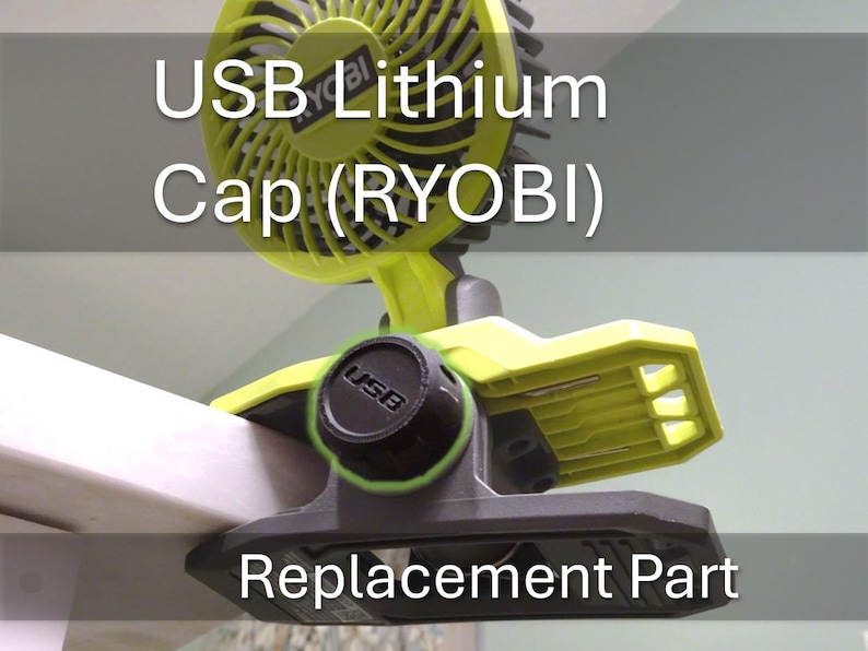 May include: A green and black USB lithium fan with a clip. The fan is labeled "RYOBI" and "USB". The text "Replacement Part" is visible at the bottom of the image.